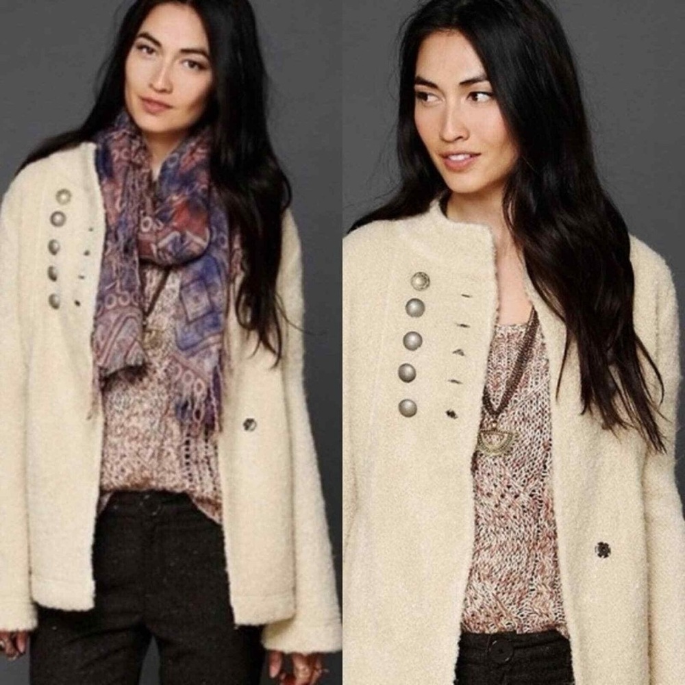 Free People Military Bell Sleeve Wool Blend Teddy Fuzzy Coat Size XS In Oatmeal - Picture 3 of 13